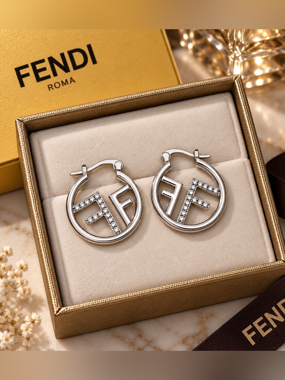 Silver Crystal FF Hoop Earrings in Shiny Silver
